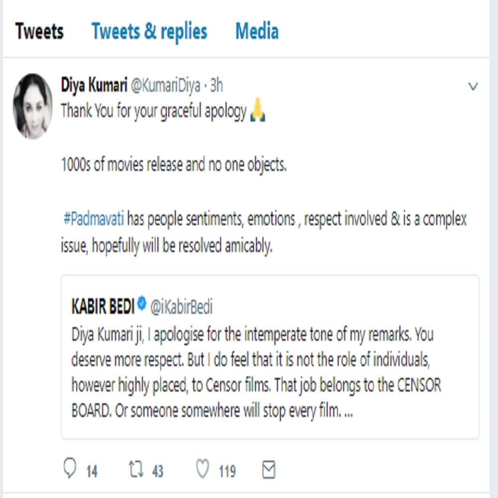 actor kabir bedi and bjp mla diya kumari exchanged words on twitter in padmavati row 
