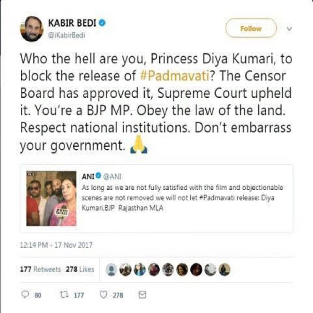 actor kabir bedi and bjp mla diya kumari exchanged words on twitter in padmavati row 