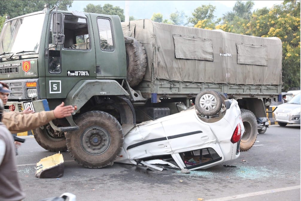 horrible photos of accident by army truck and car in haldwani