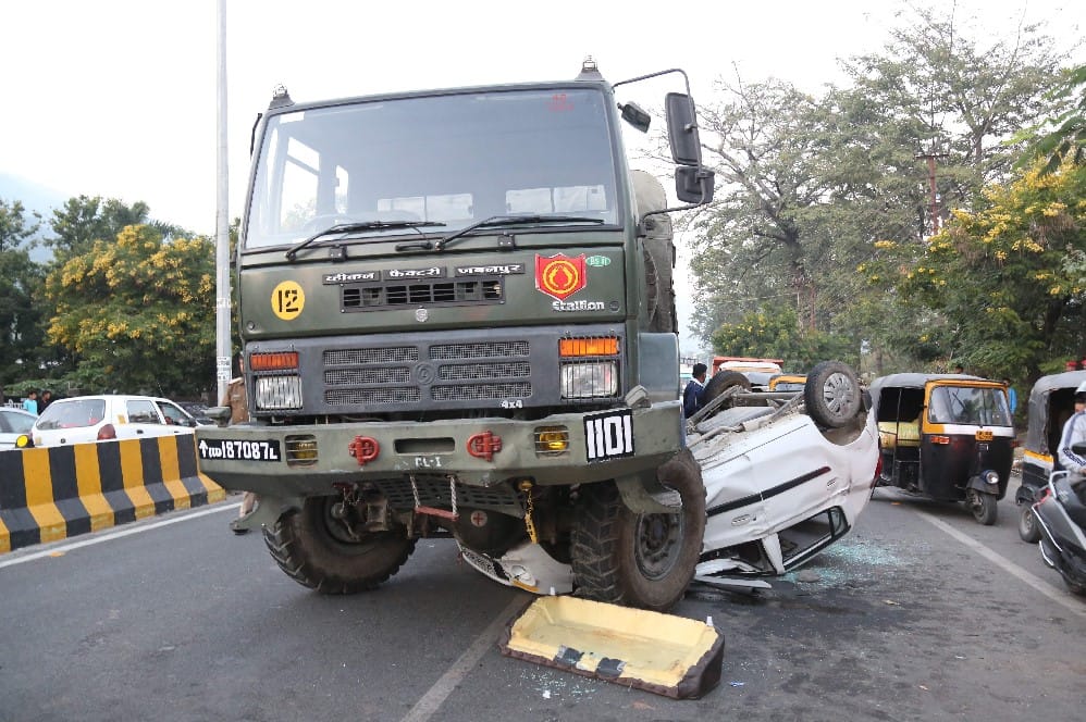 horrible photos of accident by army truck and car in haldwani