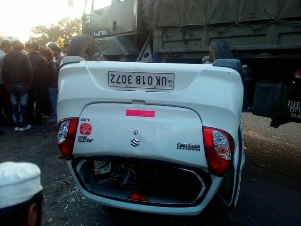 horrible photos of accident by army truck and car in haldwani