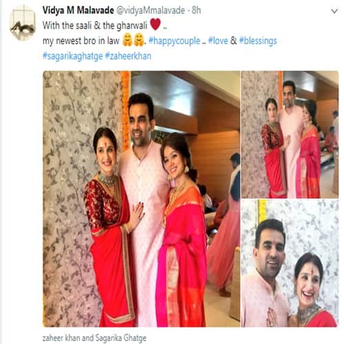 This is how Vidya Malavade wishes zaheer khan and sagrika after Wedding