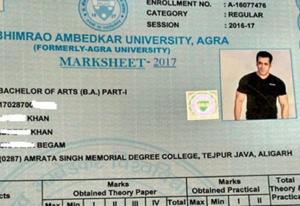 Salman Khan score 35 per cent in BA marksheet photo goes viral