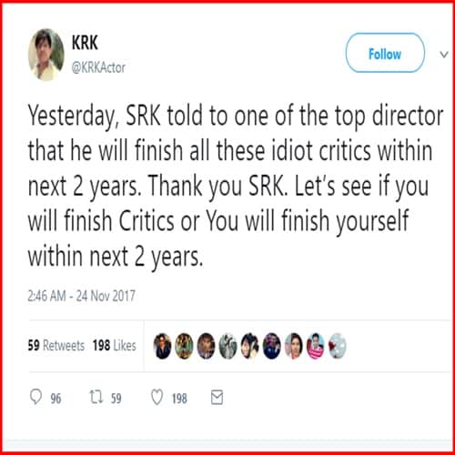 KRK Is Back On Twitter with his allegation against SRK,Aamir and Salman khan