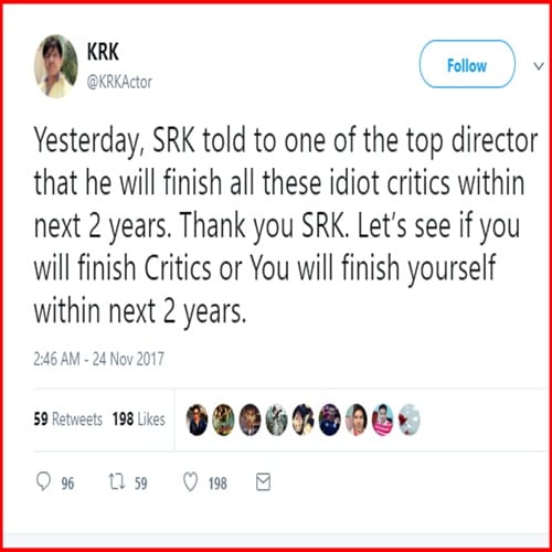 KRK Is Back On Twitter with his allegation against SRK,Aamir and Salman khan