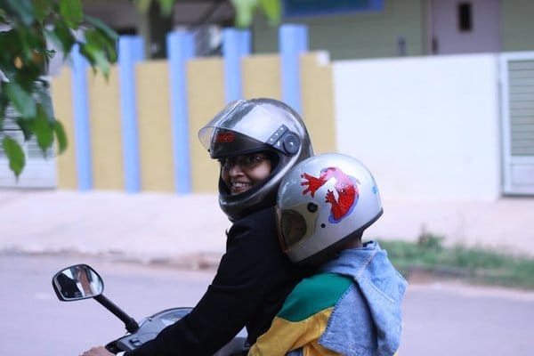 The helmet is compulsory for both bike riders