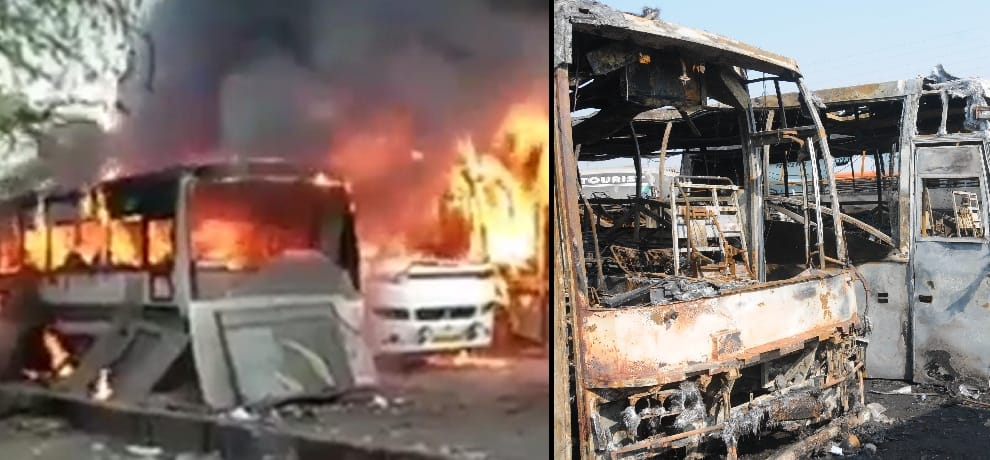 six buses in parking area burnt in timarpur