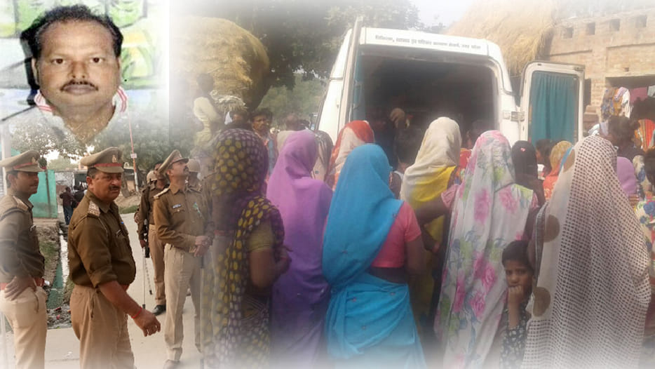 मृतक की फाइल फोटो, मौके पर लगी पुलिस फोर्स और भीड़ लगाए गांववाले