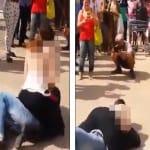 Woman pins man to the ground 