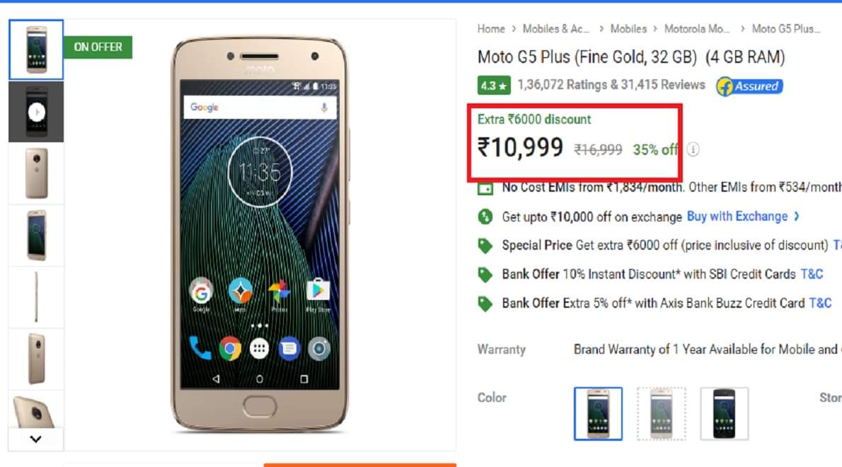 Moto G5 Plus available at Rs 10999 with Rs 6000 discount