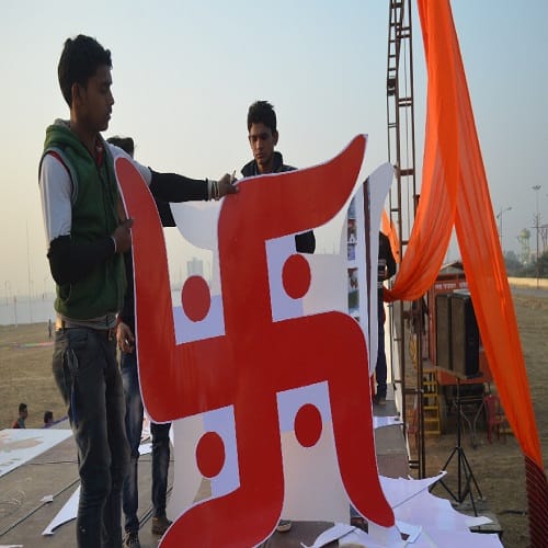 Tricolor 183 feet tall with RSS workers, see photos