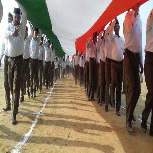 Tricolor 183 feet tall with RSS workers, see photos