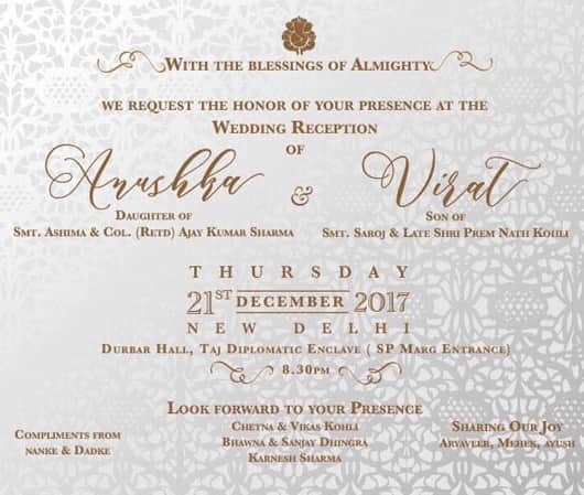 Anushka Sharma and Virat Kohli reception card photo revealed