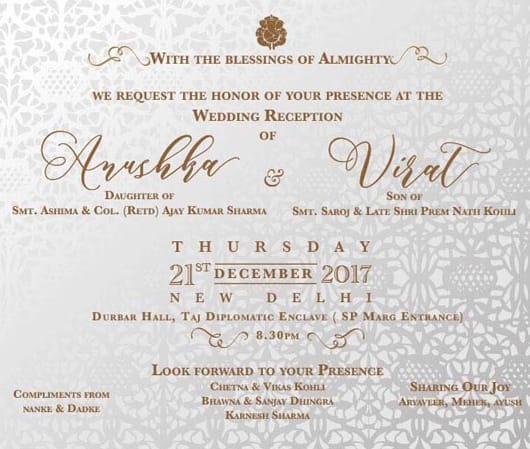 Anushka Sharma and Virat Kohli reception card photo revealed