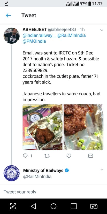 passenger in shatabdi express got cockroach in the food 