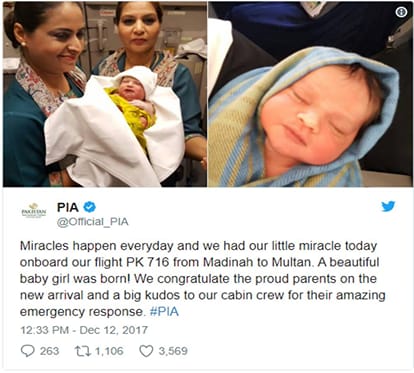 Woman gives birth to baby girl in international flight on PIA