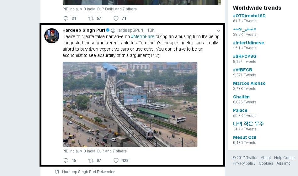 central and delhi government fight through tweets over metro fare hike