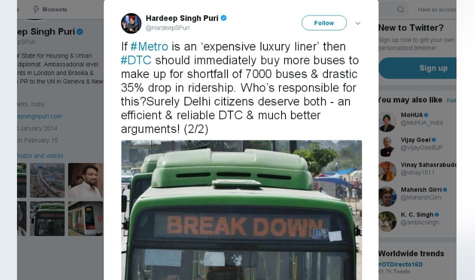 central and delhi government fight through tweets over metro fare hike