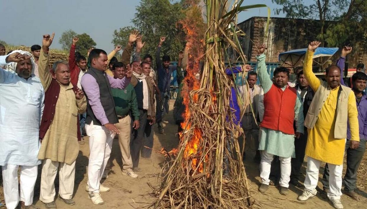 गन्ना जलाकर अपना दल ने किया प्रदर्शन