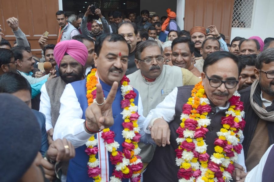 BJP activists celebrate victory of Gujarat and himachal pradesh in Lucknow.