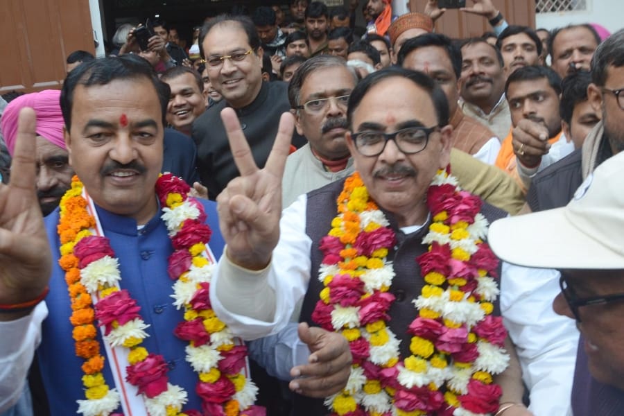 BJP activists celebrate victory of Gujarat and himachal pradesh in Lucknow.