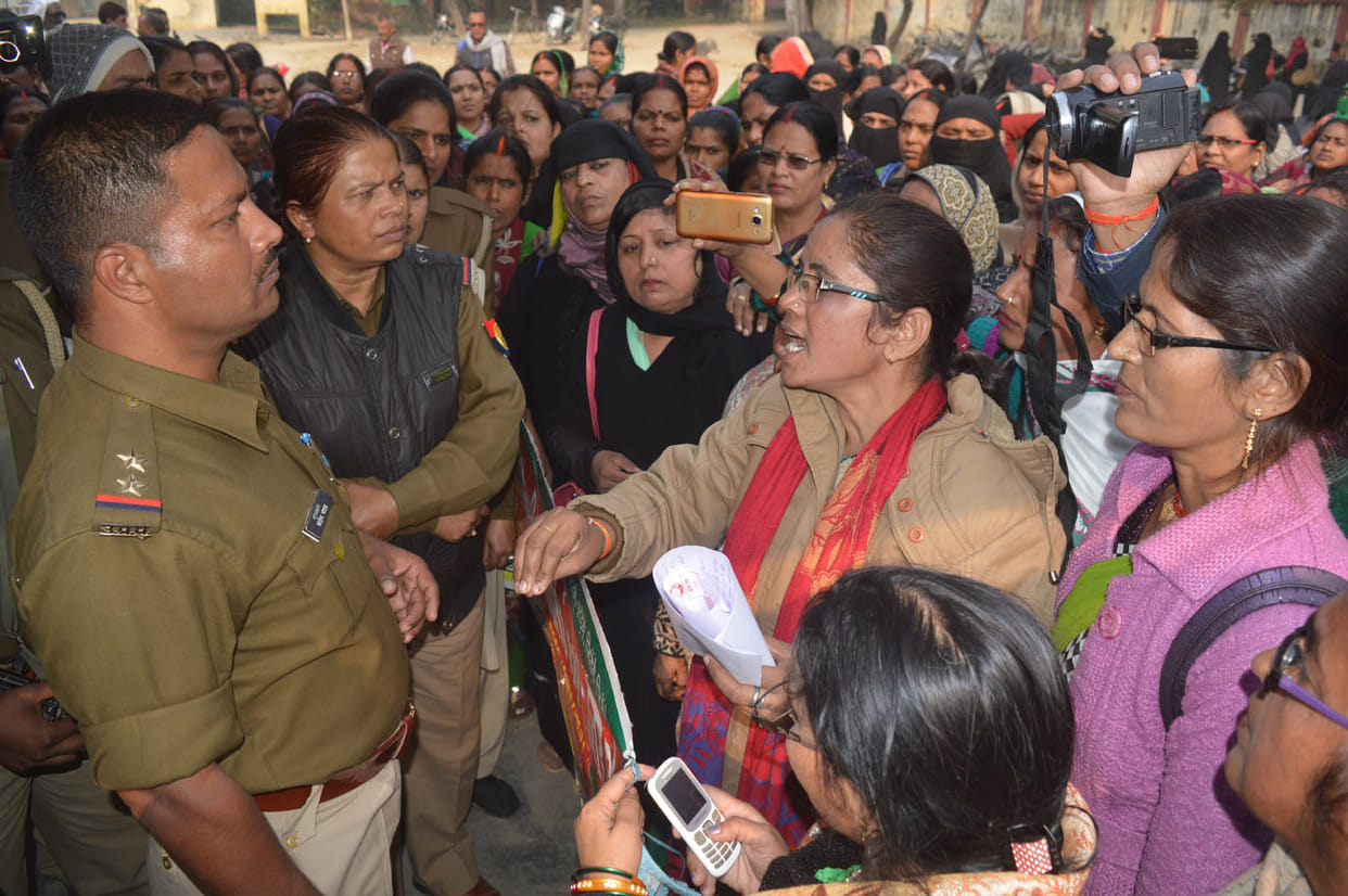 Anganwadi workers display at the police station