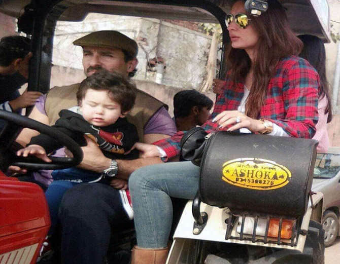 Taimur Ali Khan enjoys a tractor ride with Saif Ali Khan and Kareena Kapoor
