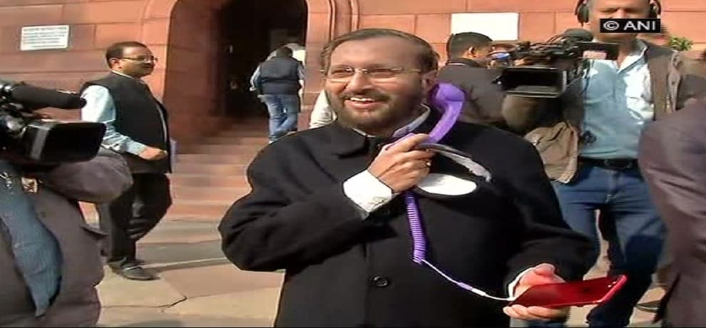 HRD minister Prakash Javadekar was spotted using a landline receiver outside parliament