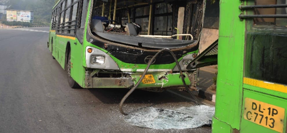 three buses collided for saving a scooty driver 