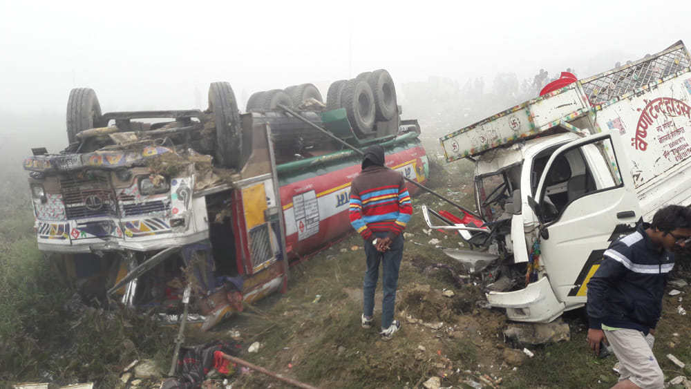 One killed, three injured in tanker and four wheel collision