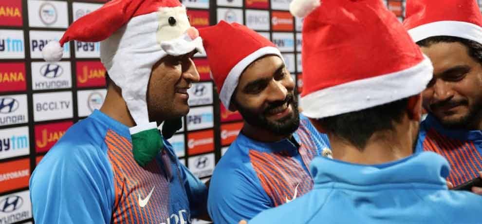 team india celebrates christmas in style ms dhoni makes santa
