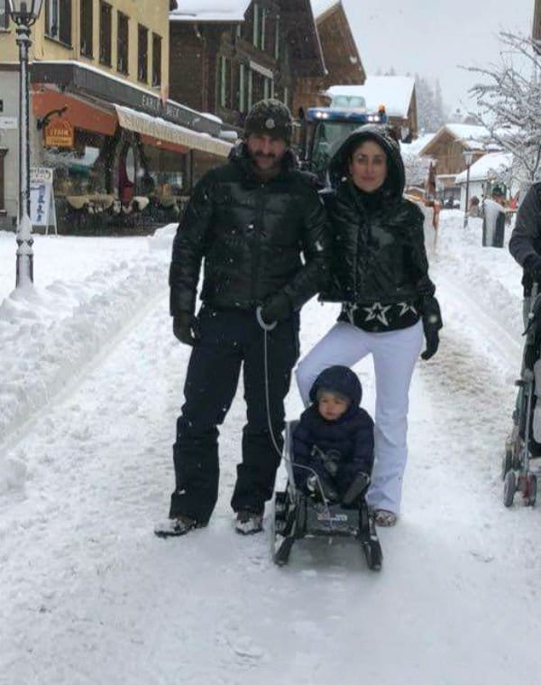 Taimur enjoying snowfall in Switzerland with Saifeena 