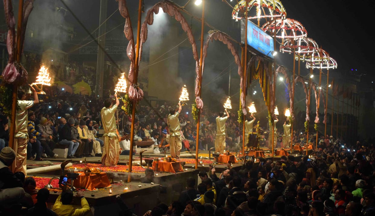 New year celebration at ganga ghat and mall in varanasi