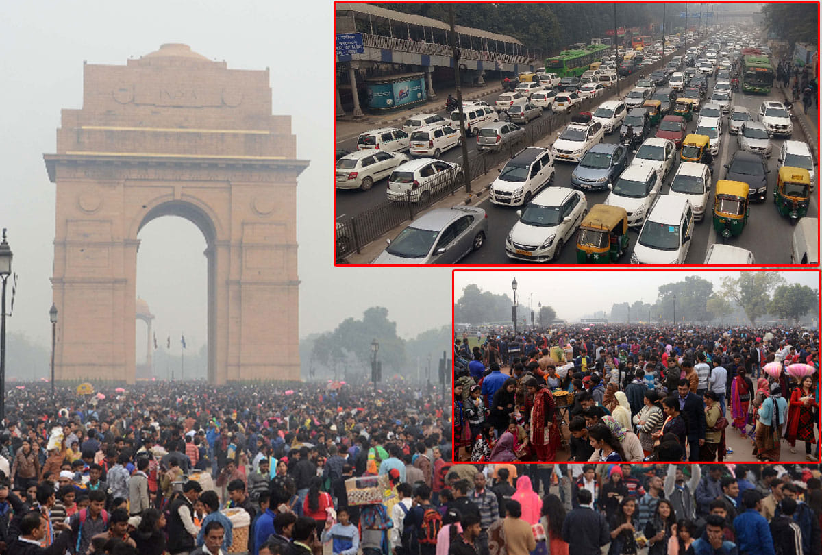 huge traffic jam in delhi on first January 2018 due to more then three lakh crowed 