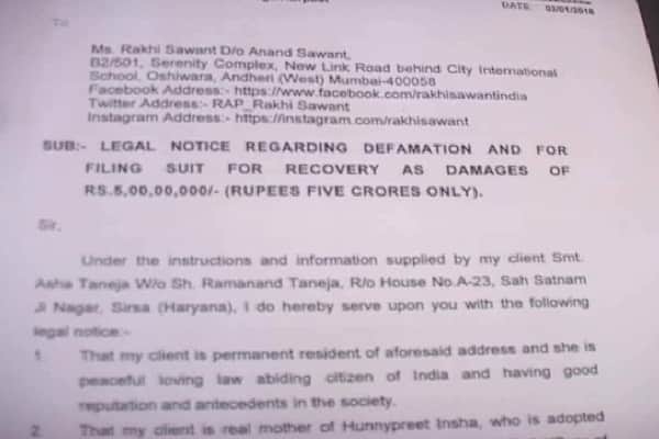 legal notice to Rakhi Sawant for defaming Honeypreet