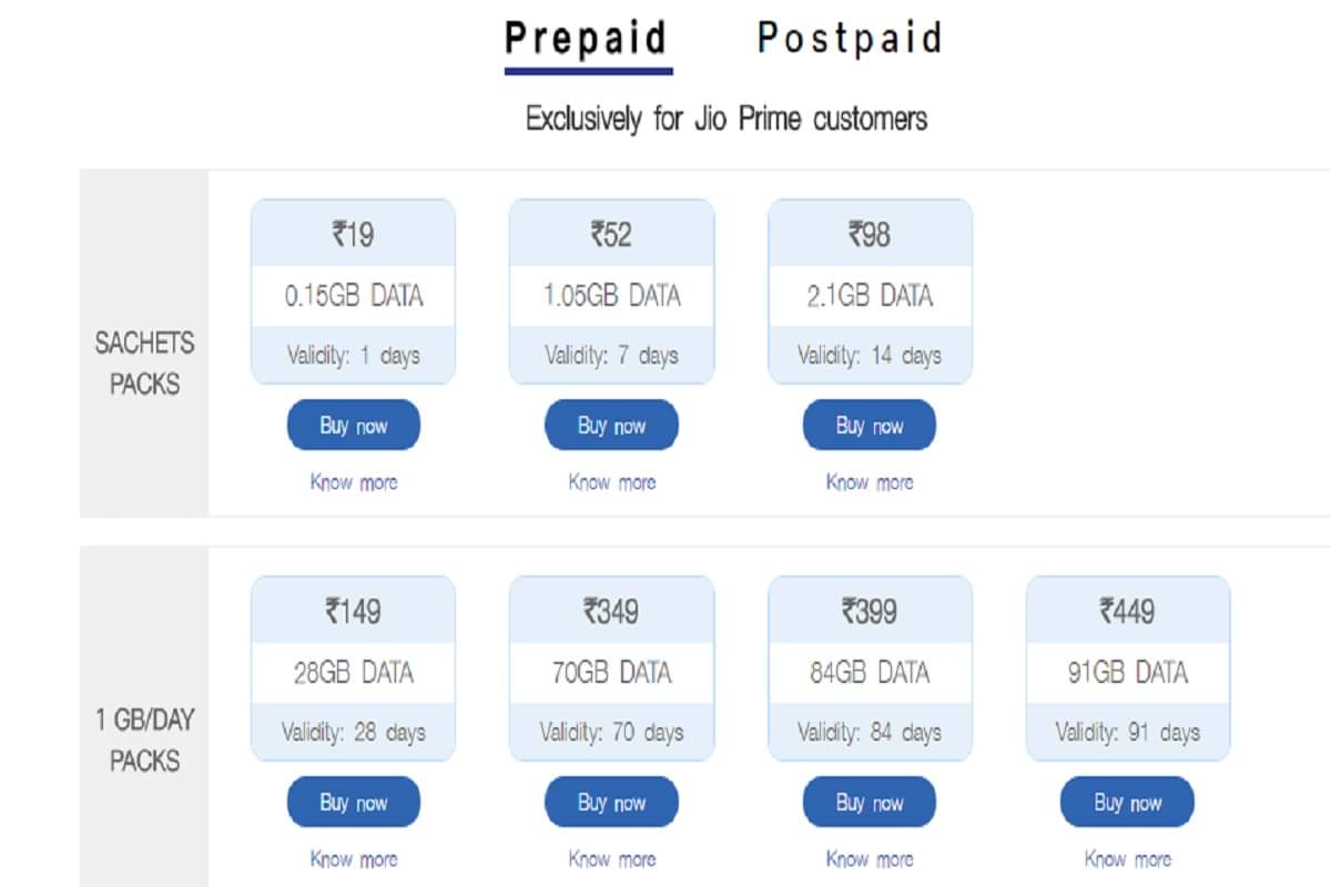 Jio, Airtel and Vodafone 1GB Data plans Under Rs 100