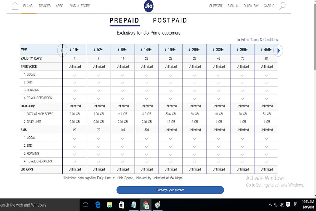 Reliance Jio website not updated till now with new plans