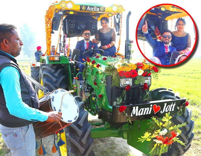 unique marriage in punjab, nri groom with bride arrives at reception on tractor