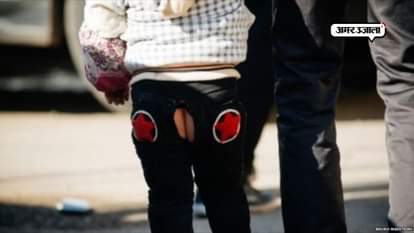 Children wearing back sided hole pant in china