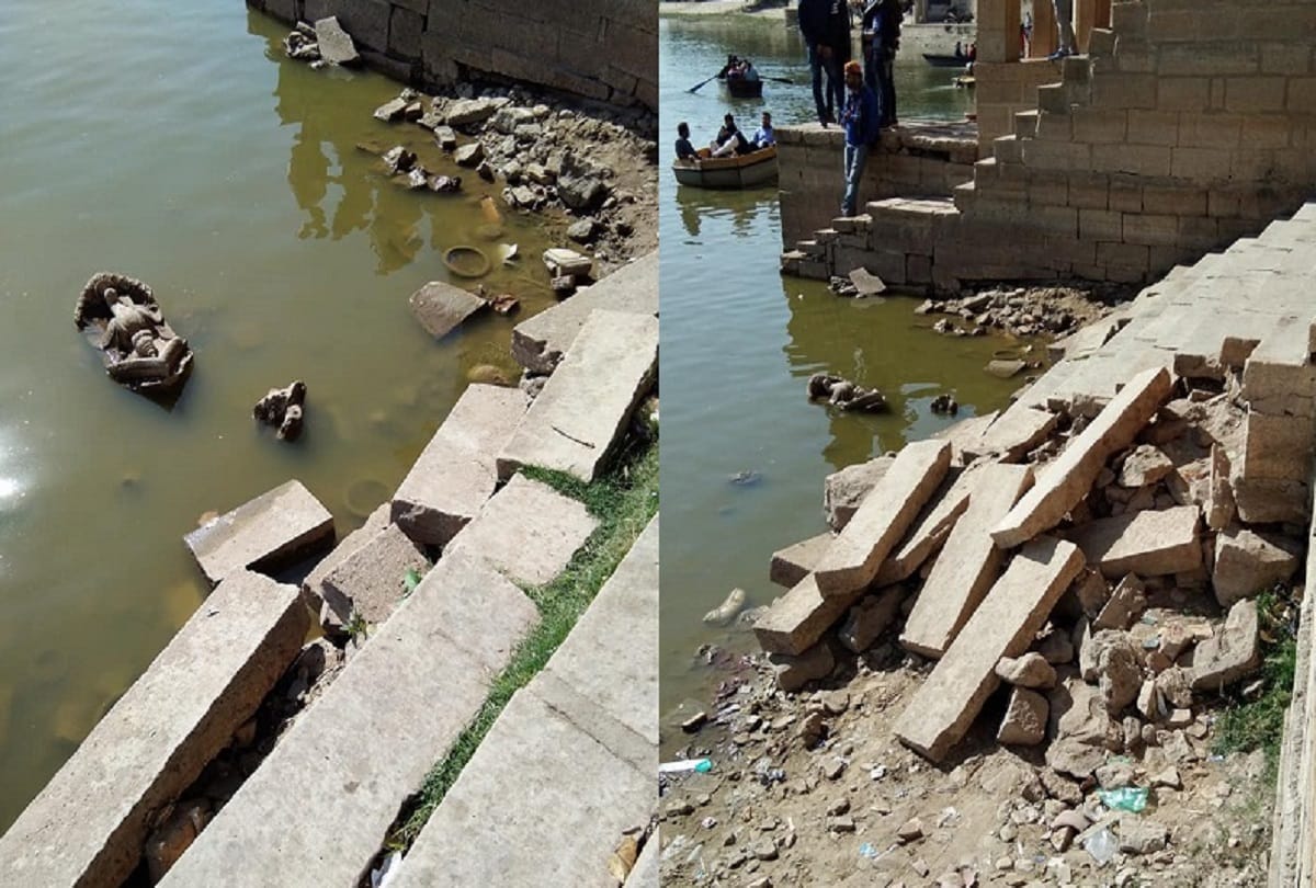 Dirt is spread over the historical Gadisar lake in rajasthan