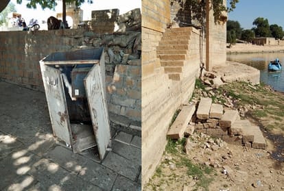 Dirt is spread over the historical Gadisar lake in rajasthan