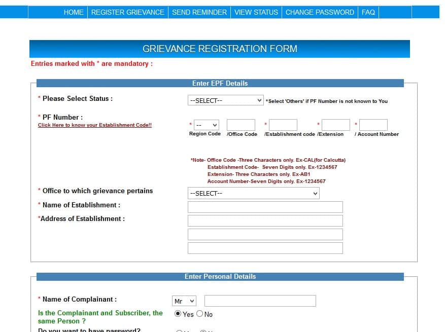 complaint about pf account register on epfo new website