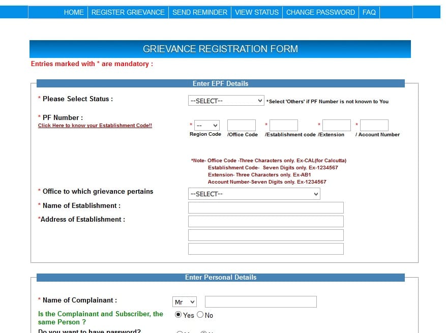 complaint about pf account register on epfo new website