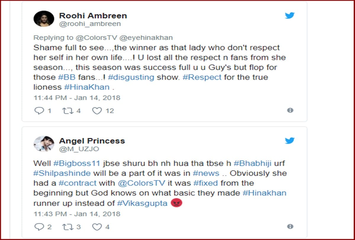   Bigg Boss 11 winner: Hina Khan’s fans slamshs twitter after Shilpa Shinde wins the show