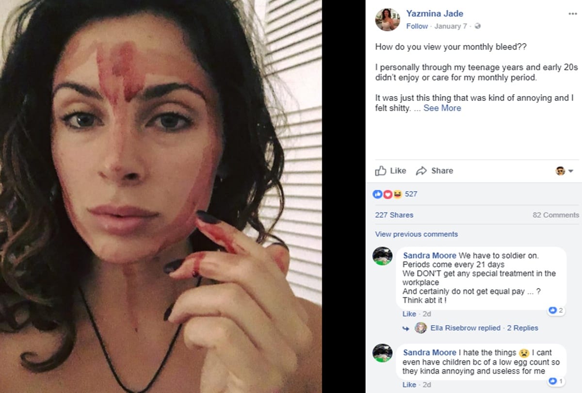 An Australian woman rub period blood on her face