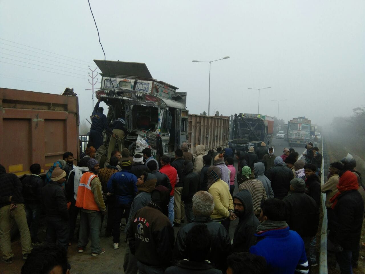 four truck collide due to fog in shaheed path