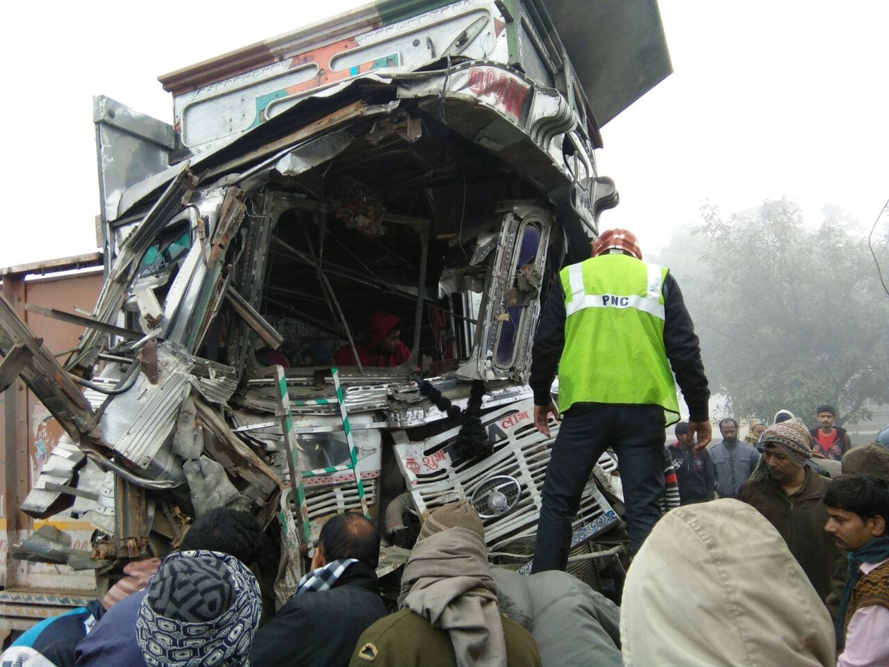 four truck collide due to fog in shaheed path