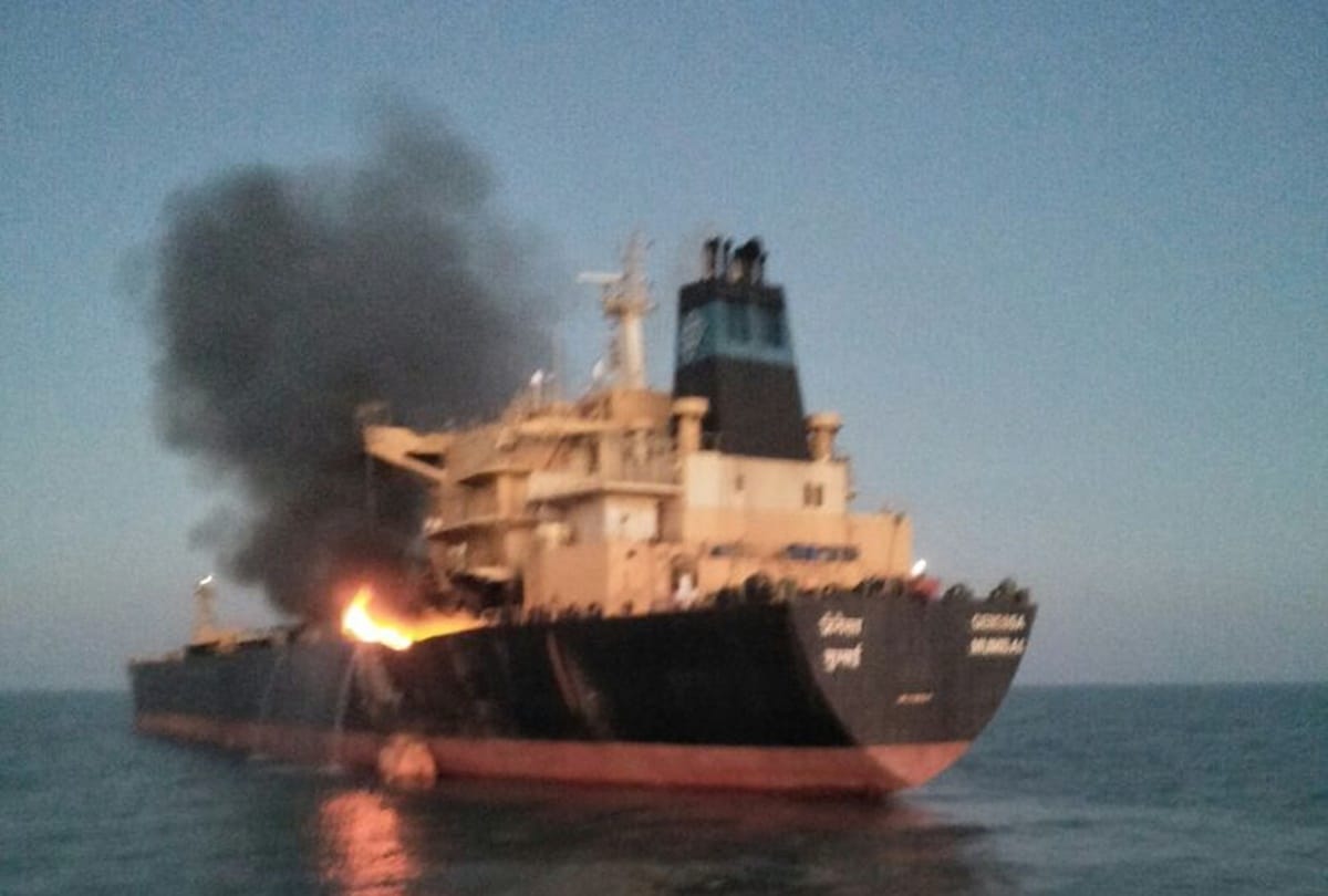 MT Ganeshan oil tanker caught fire and ICGS Samudra Pavak overseeing the Operation