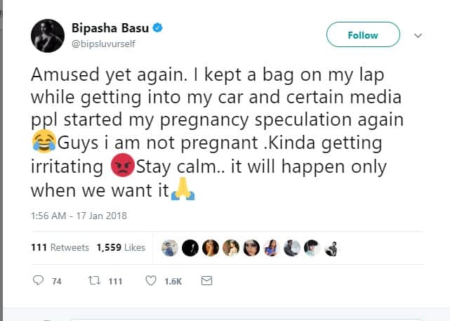 Bipasha denies her pregnancy news by posting this post on twitter