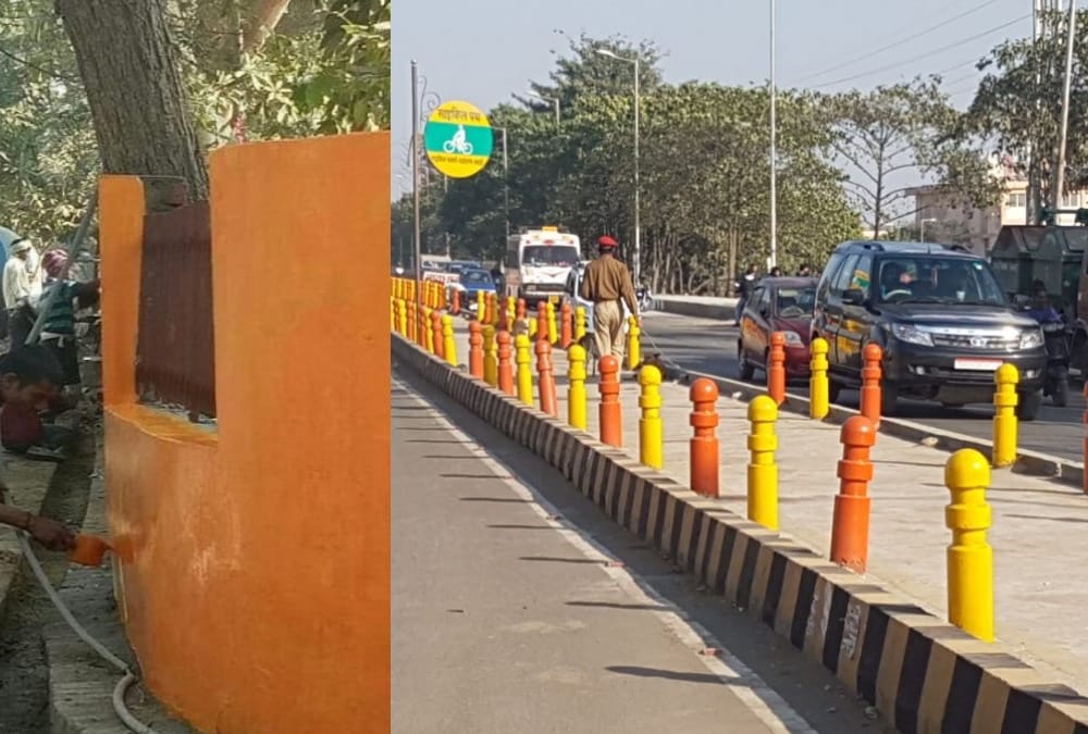 saffron colour on the walls and dividers of roads in gomati nagar in lucknow.